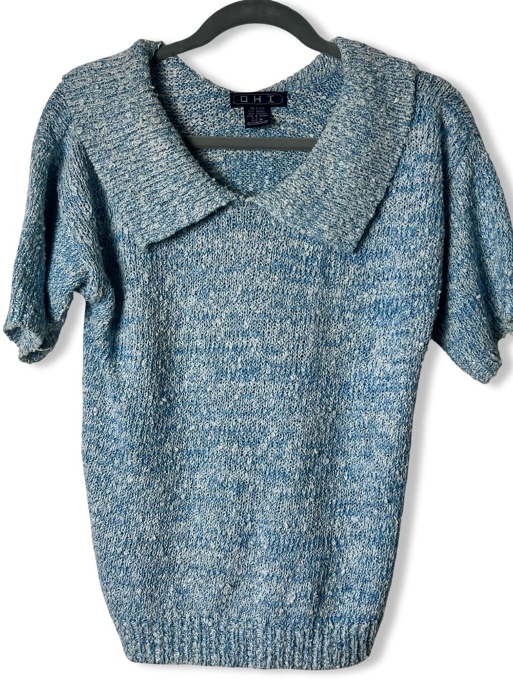 VTG 80s OHI Ramie Knit Collared Short Sleeve Sweater Blue White Marled Sz M